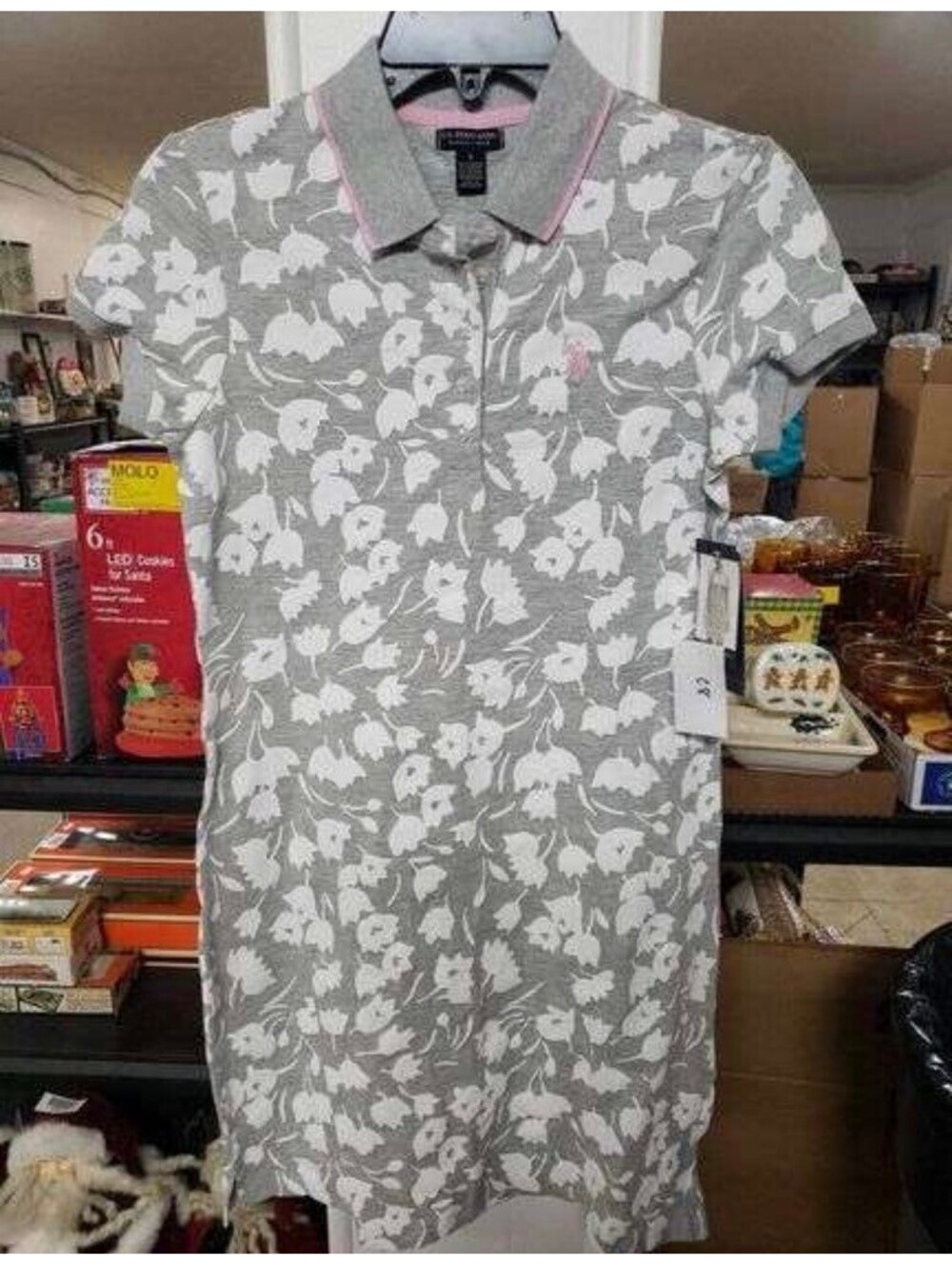 U.S. Polo Assn. Women's Small Gray and White Floral Polo Dress with Pink Accents
